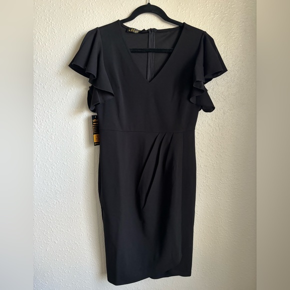 IHOT Women's V Neck Ruffle Sleeve Bodycon Sheath Wrap Ruched Dress size M Black - Picture 3 of 13